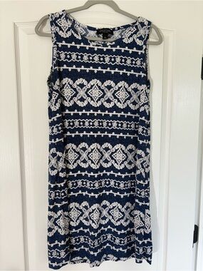 Perceptions New York Dress Large Navy Ivory Boho Print Sleeveless Stretch